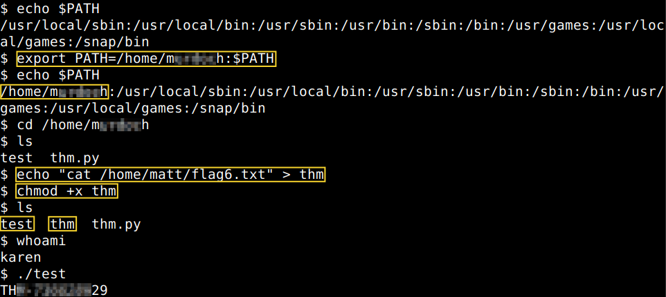 echo $PATH

export PATH=/home/murdoch:$PATH

echo $PATH

echo "cat /home/matt/flag6.txt" srcset=