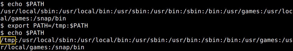 echo $PATH

export PATH=/tmp:$PATH

echo $PATH