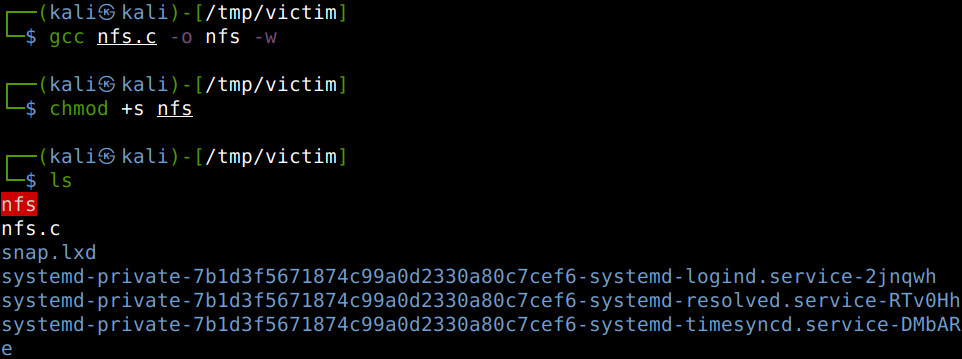 gcc nfs.c -o nfs -w

chmod +s nfs

ls