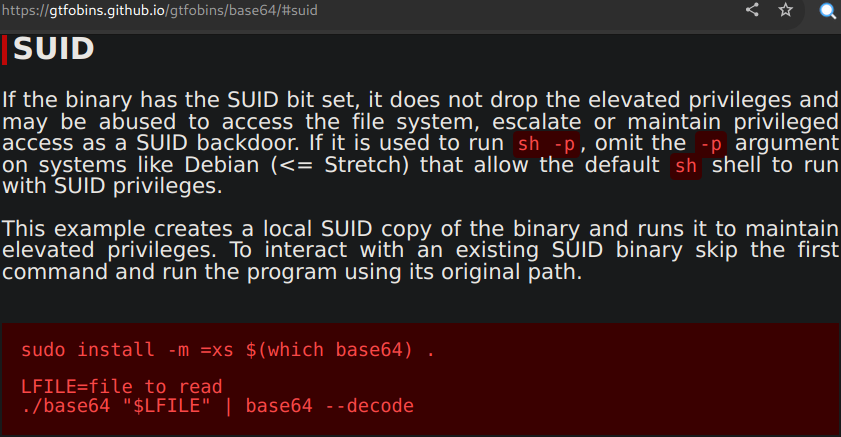 sudo install -m =xs $(which base64) .

LFILE=file_to_read
./base64 "$LFILE" | base64 --decode